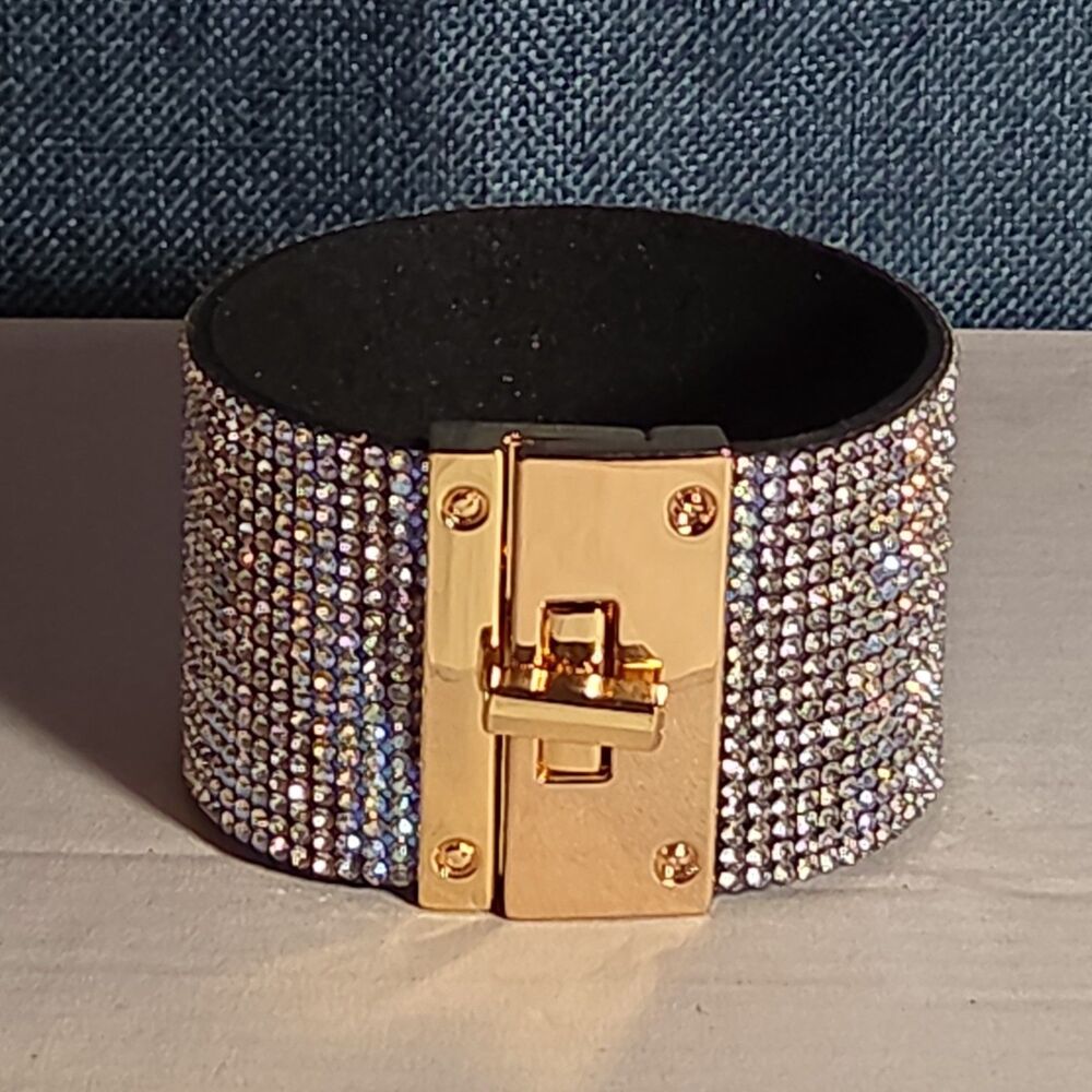 Rhinestone Wide Cuff Bracelet AB Crystal Gold Tone Y2K Glam Style NWOT - Picture 12 of 16